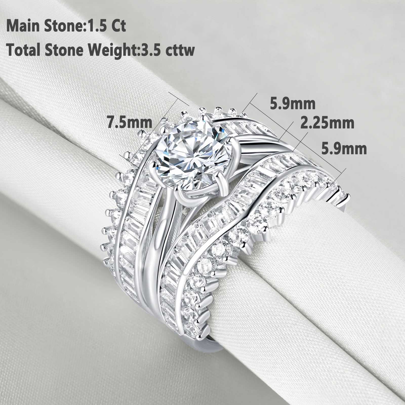 Solitaire Ring Newshe Solid 925 Silver Solitaire Round Cut Engagement Ring Set Guard Wedding Band Enhancers for Women CZ Simulated Diamond D240419