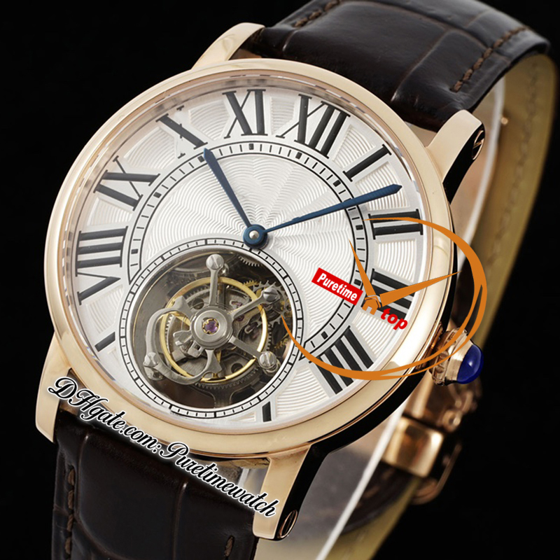 Orologio da uomo automatico da uomo di Rotonde Flying Tourbillon Rmsf Rose Gold Silver Nero Romano Cinta di pelle marrone Super Edition Orologi RELOJ HOMBRE MONTRE PURETIME PTCAR