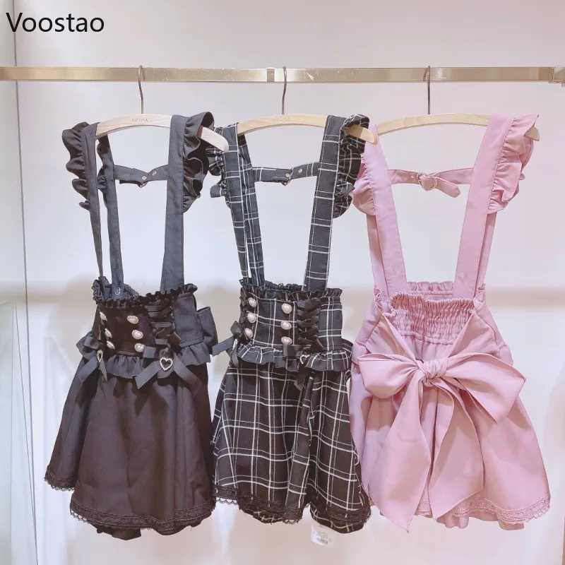 Basic Casual Dresses Japanese Gothic Lolita Ribbon Bow Diamond Pearl Buckle Removable Short Suspender Skirt Girls Sweet Cute Lace A-Line Mini Skirts 240419