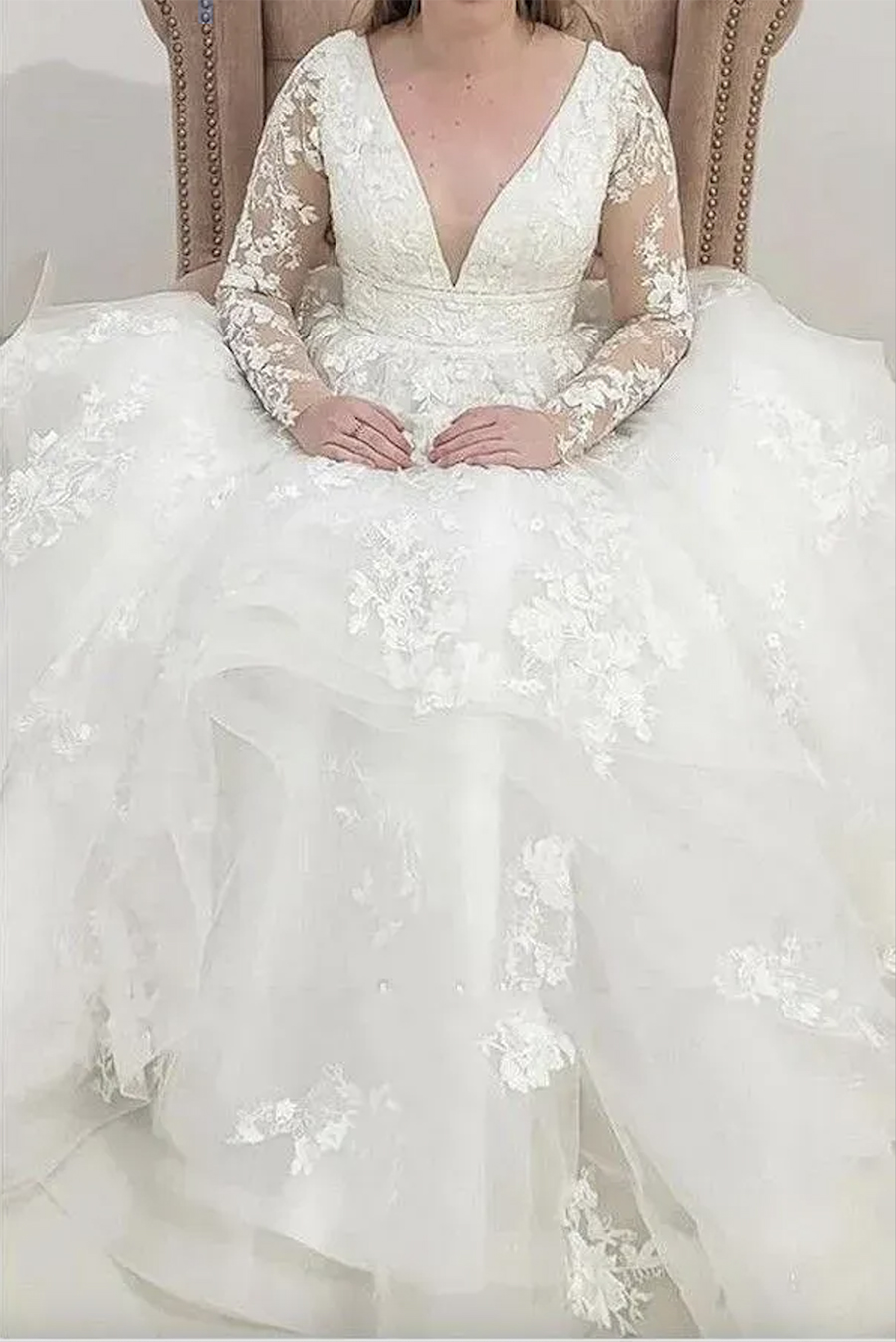 Tulle Romantic Lace Wedding Dresses Sheer A Line Long Sleesves Appliques V Neck Bridal Gowns Plus Size Robes De Mariage