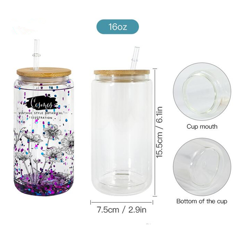 16oz sublimering Snow Globe Glass Tumbler Double Wall Blanks Snowglobe Cups Juice Jar Can Mugs With Bamboo Lids och förborrerad hålstopp för fyllning glitter bling