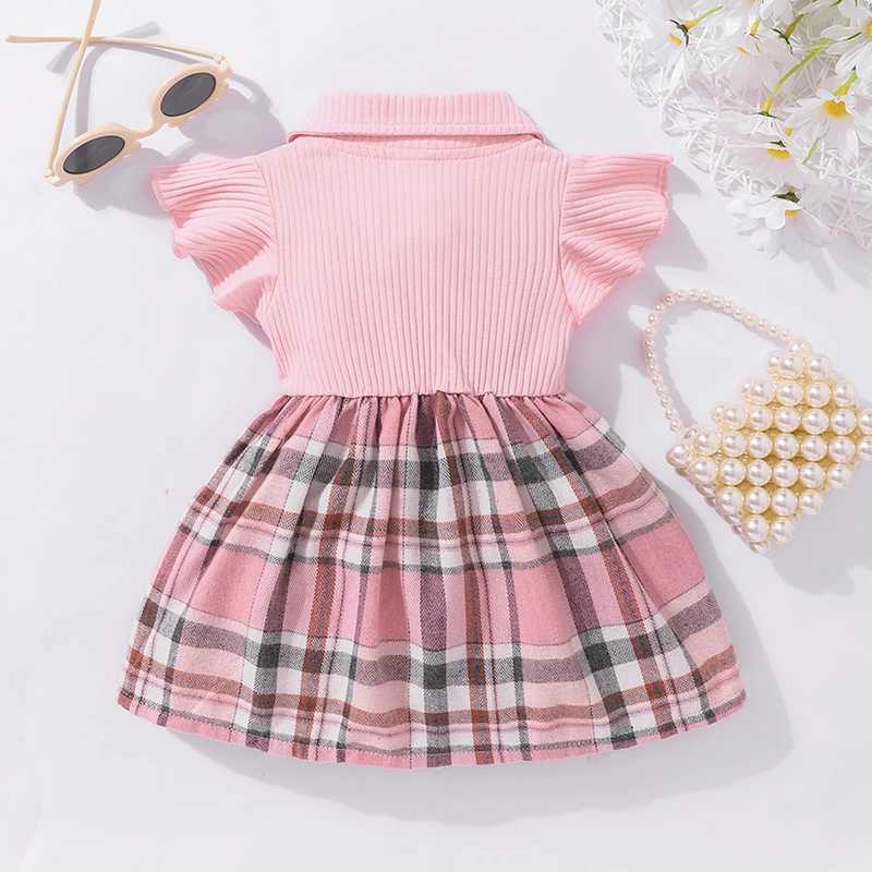 Girl's Dresses Summer Newborn Girl Fashion Princess Dress Pink Stripe Flip Collar Flying Edge Sleeves Checkered Print Bow Dress 3-24M d240419