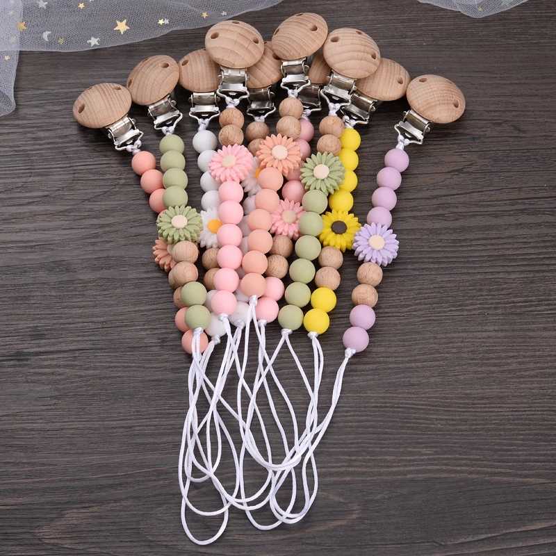 Pacifiers# Baby Beech Round Clips Wooden Flowers Beads Silicone Beads Chain for Teether Toysing Toys Handmade Dummy Holder BPA Freel2403