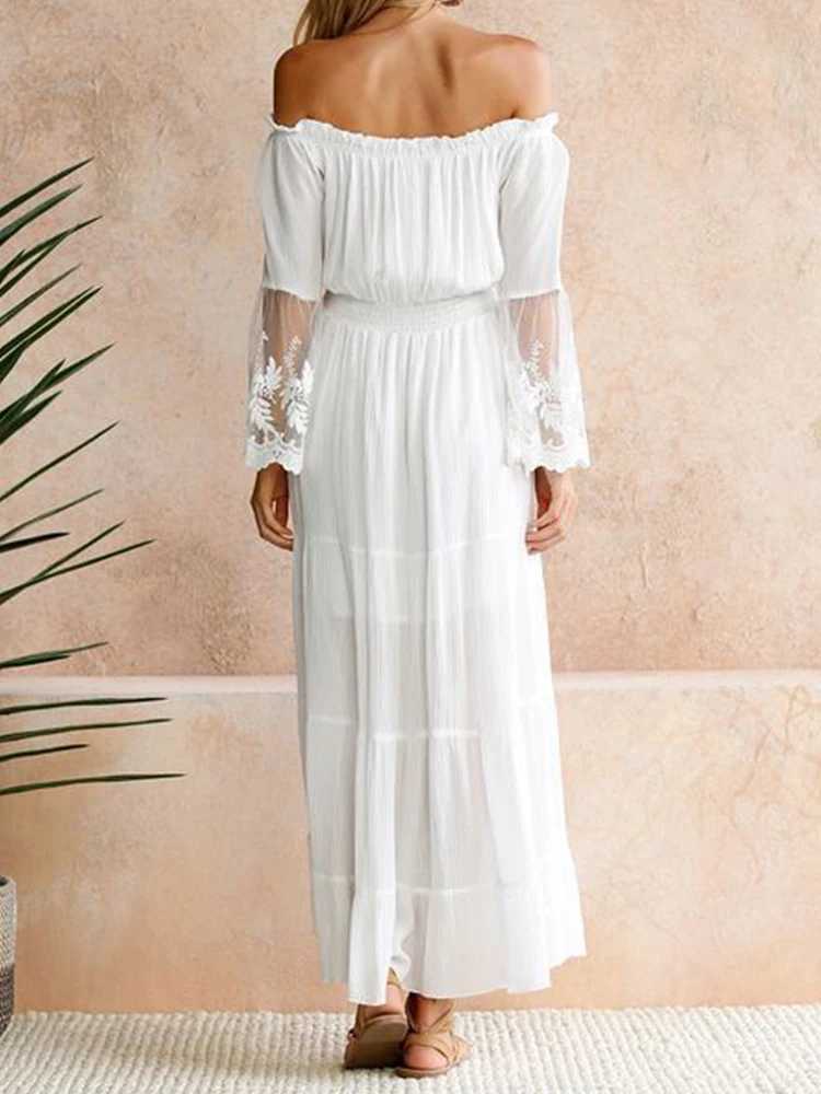 Basic Casual Dresses White Lace Long Dresses Women Sexy Off Shoulder Backless Chiffon Dress Ladies Casual Loose Flare Sleeve Boho Beach Holiday Dress 240419