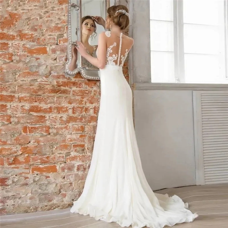 Boho Beach Wedding Dresses Sheer Neck Lace Appliques 2024 Elegant Satin Sweep Train Bridal Gown Illusion Backs Back Robes de Mariee Yd