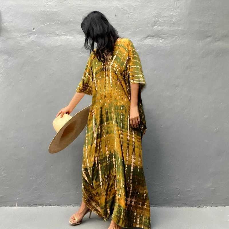 Basic Casual Dresses Fantasy Batik Tie Dye Dress Women Summer Rayon Long Maxi Dress Bali Beach Cover Ups Holiday Resortwear Bath Pullover Robe Kaftan 240419