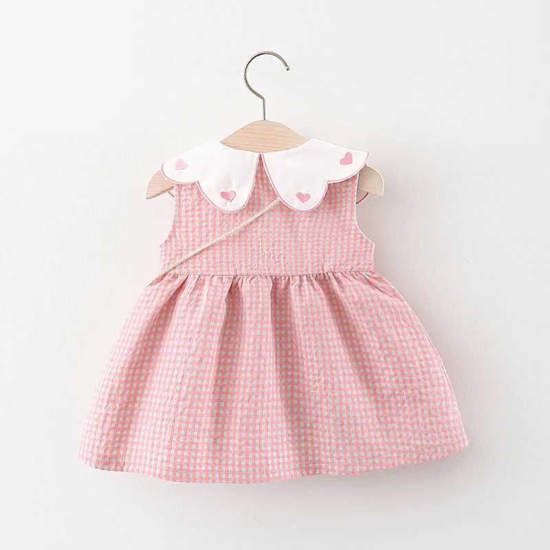 Girl's Dresses Sets Summer Newborn Girls Clothes Korean Cute Doll Collar Plaid Sleeveless Baby Dresses+Bow Bag Kids Princess Dress BC848 d240423