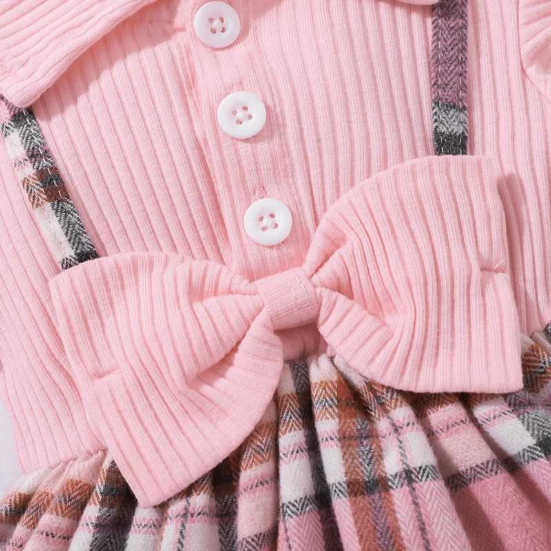 Girl's Dresses Summer Newborn Girl Fashion Princess Dress Pink Stripe Flip Collar Flying Edge Sleeves Checkered Print Bow Dress 3-24M d240419