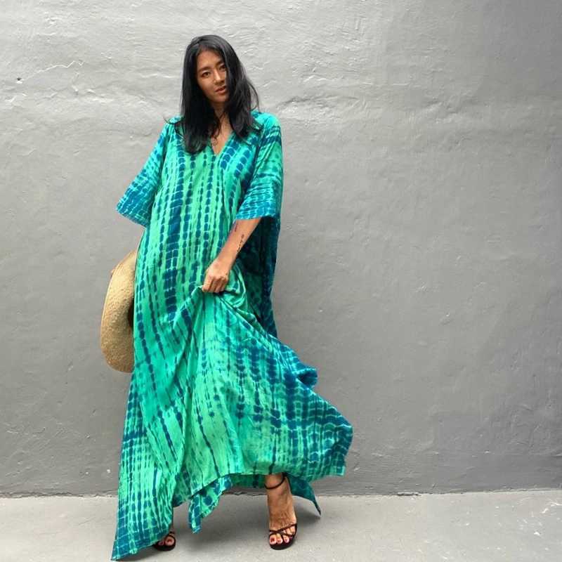 Basic Casual Dresses Fantasy Batik Tie Dye Dress Women Summer Rayon Long Maxi Dress Bali Beach Cover Ups Holiday Resortwear Bath Pullover Robe Kaftan 240419