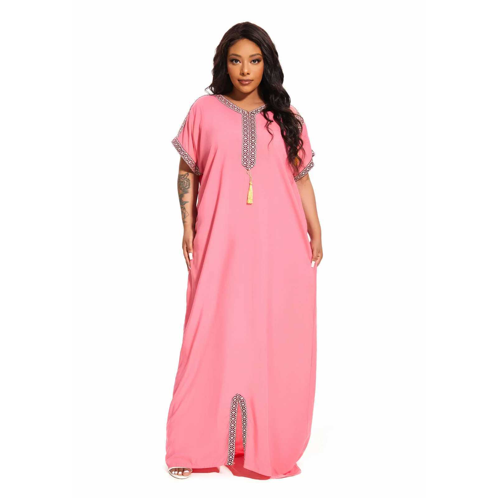 Etniska kläder 2024 PLUSSIZE COVER CAFTAN Traditionell kortärmad klänning Cotton Kaftan Beach Home Abaya African Dresses for Women D240419