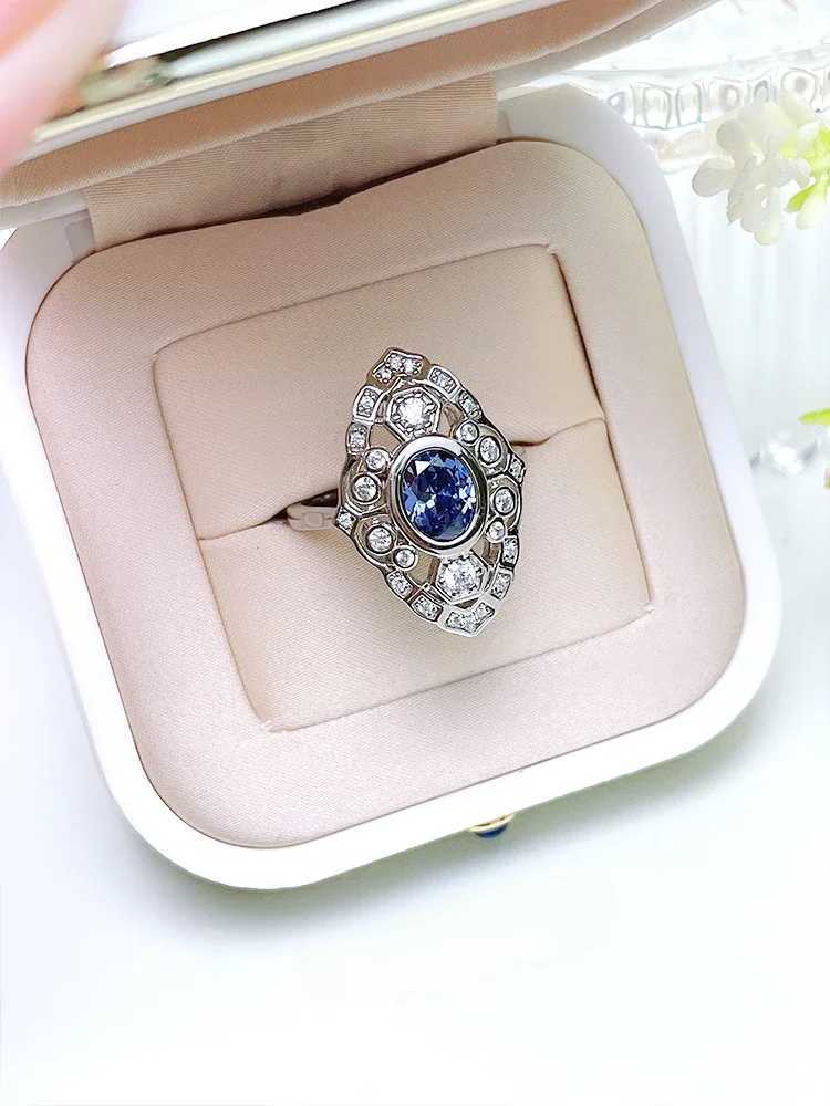 Wedding Rings 2024 NIEUWE HOLLOW OUT RETRO OVAL TANZANIA BLAUW 925 Sterling Silver Ring Set met hoge koolstof diamant micro -inleg niche bruiloft 240419