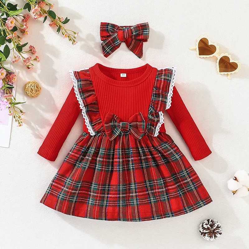 Robes de fille Robe pour enfants 3 mois - 3 ans style mode manche longues grille rouge princesse robes formelles ootd pour bébé fille d240423