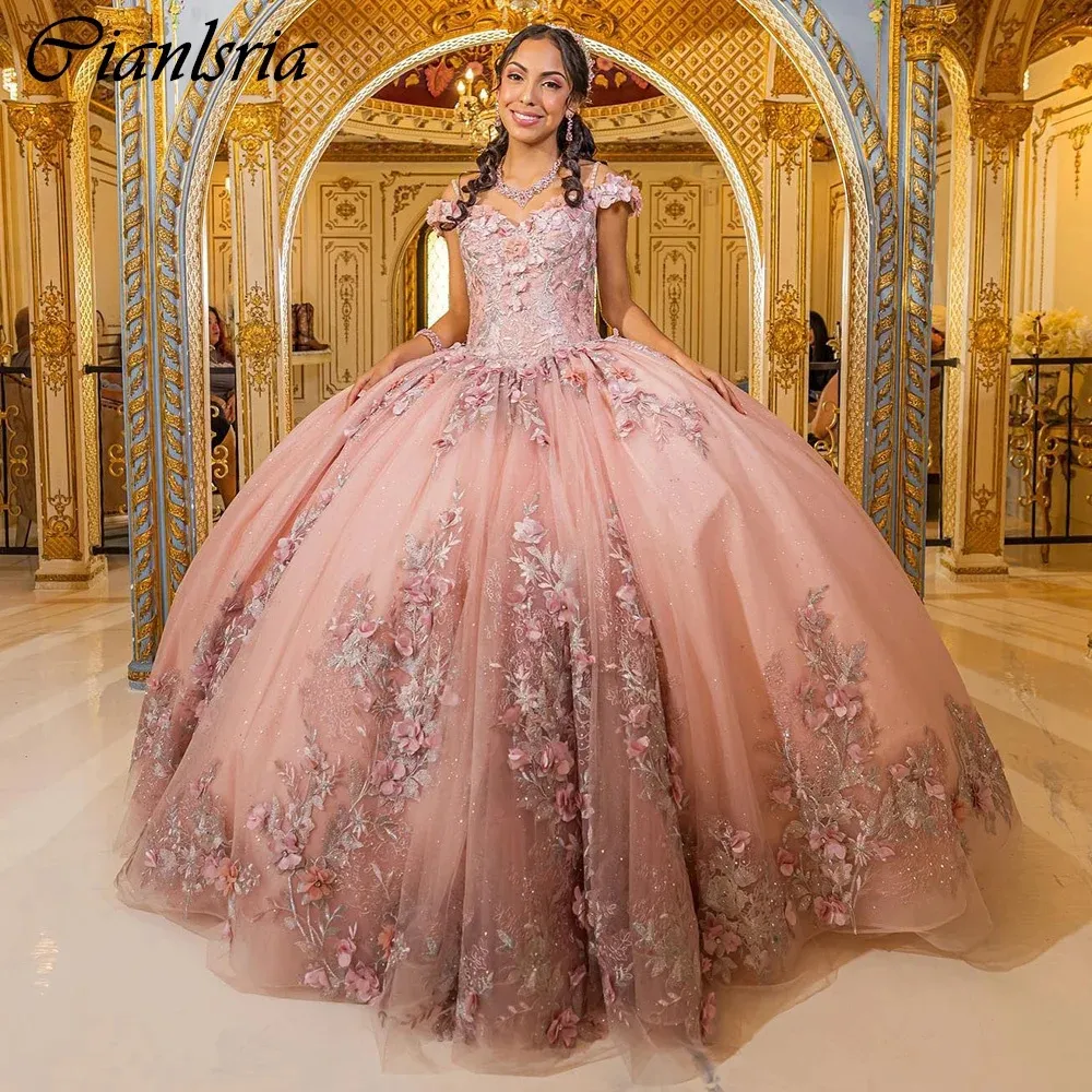 Roségold Spaghetti -Gurtballkleid Quinceanera Kleider 3D Blumen Applizes Spitzen Korset Vestidos de 15 Anos