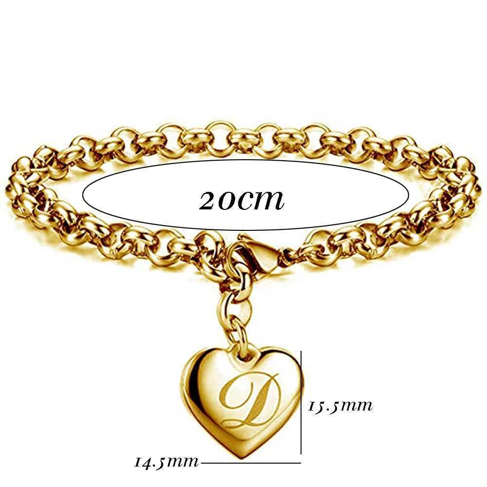 Chain New Gold Color Initial Alphabet Heart Charm Bracelets For Women Stainless steel Link Chain Bracelet With 26 letter EngravedL240417