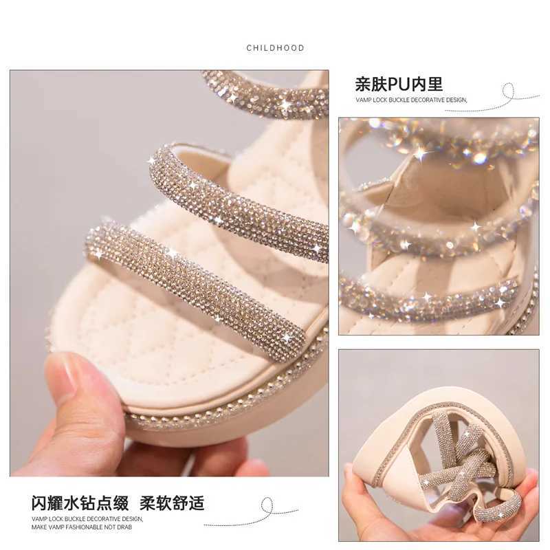 Sandals Summer Childrens Girls Gladiator Sandals Rhinestone Crystal Princess Solf Shoes Non-slip Breathable Fashion Kids Sandals Girls 240419