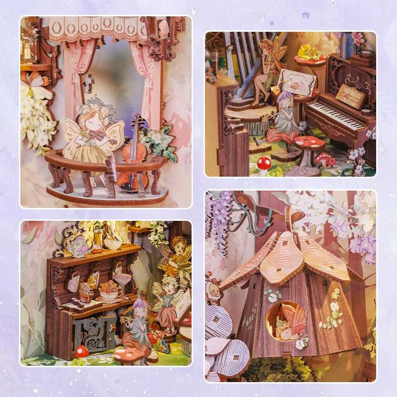 3D Puzzles CuteBee Book Nook Bookshelf Insert Miniature Dollhouse 3D Wood Puzzle for Slaapkamer Bookend Decor met Led Night Light Book House 240419