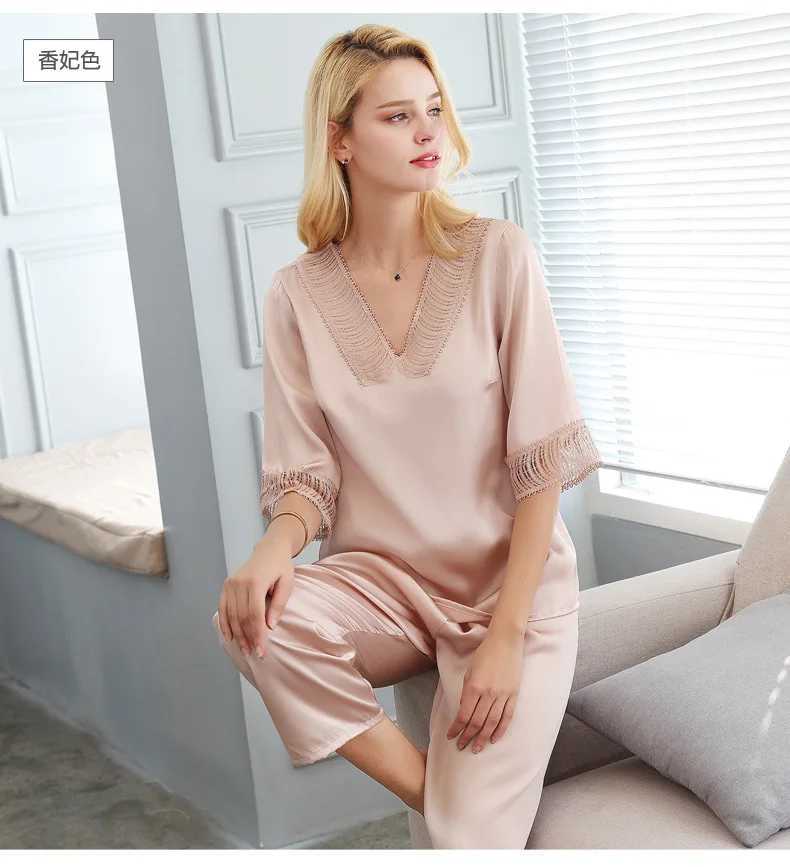 Kobiety Sleep Lounge Birdsky Kobiety piżama pijamas piżama zestaw odzieży nocnej koronki z krótkim rękawem kółka śpiączka v szyja 100% Mulberry Silk satyna satyna s-282 D240419