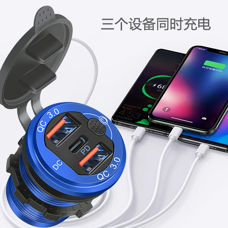 Ny 12V/24V USB -utlopp 78W 3 Ports Car Charger Socket Dual 30W PD Typ C 18W QC 3.0 med Switch för bilbil Motorcykel RV Marine