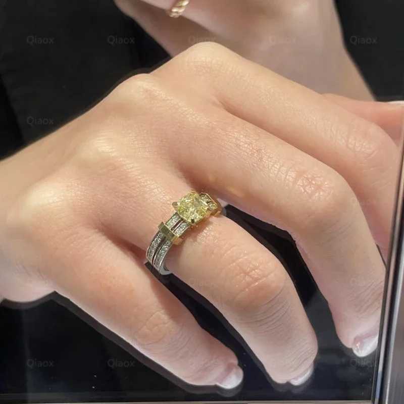 Eheringe Heiße neue 925 Sterling Silver Square Yellow Diamond Ring Ladies Modetrend Luxusmarke Schmuckparty Valentinstag Geschenk 240419