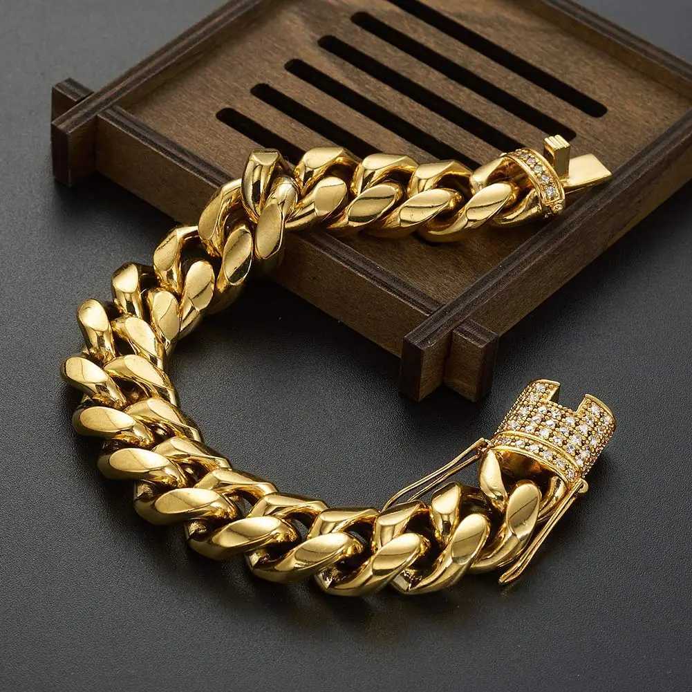 Corrente a aço inoxidável Miami Cuban Link Bracelet 8mm-16mm Gold com Jóias de Hip Hop Premium Hip para homens para homens D240419