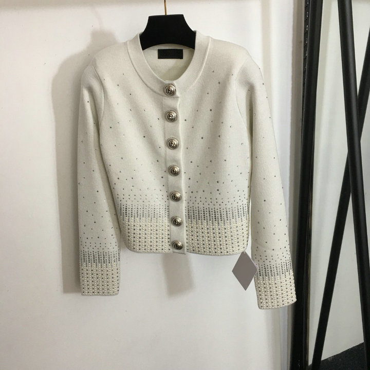 Designer high-end early autumn new heavy industry hot diamond girl feeling full of pop style knitted Cardigan Ladies Blouse, size S-L