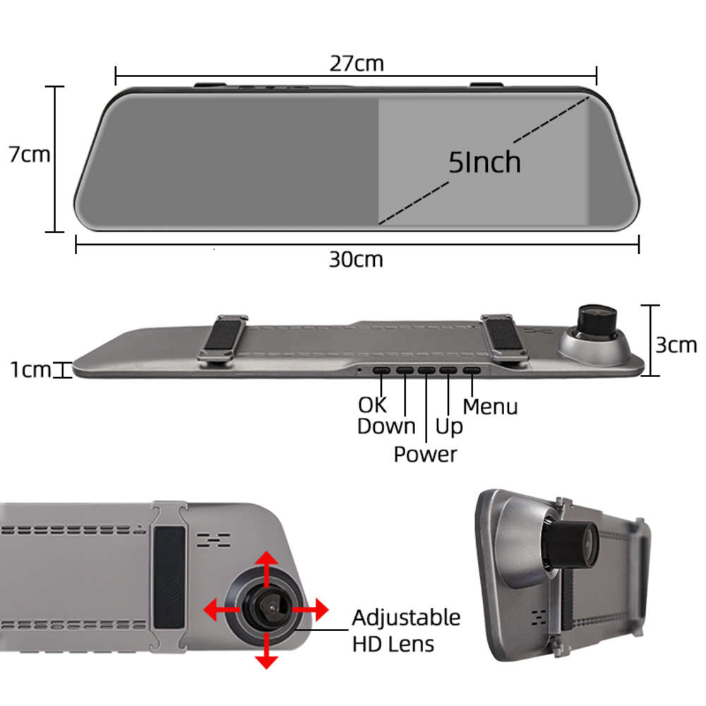 GPS 5 tum Kör DVR -bakspegel med dubbla linsbilinspelare 1080p fram- och bakre kamera Automotive General GPS GPS