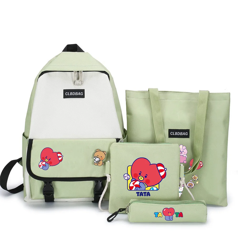 Väskor 4st ryggsäck kostym BT21 Kpop ryggsäck+axelväska+handväska+penna fodral flickor kawai stationery levererar mode skolväska