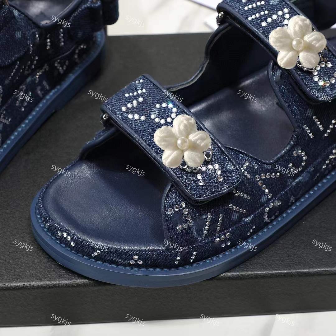 Stunning Denim Rhinestone Magic Stick Sandals Women Summer Luxury Brand Designer Slides Flat Heel Size 35 To 40