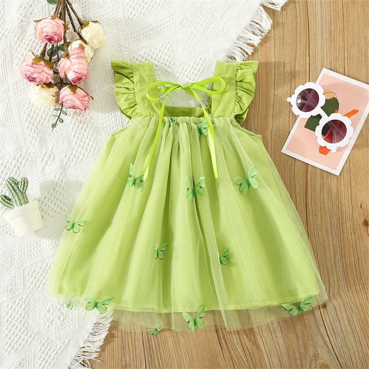 Girl's Dresses Sweet Beauty ChildrenS Dress 2023 Summer New Solid Color 3d Butterfly Embroidery Mesh Flying Sleeves Daily Knee Length 0-3 Year d240423