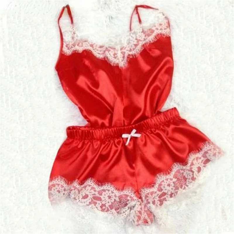 Sleep Women's Sleep Lounge Femme Pyjama Suit Fashion V-Neck Stretch Satin Babydoll Lace Sexy Lingerie Bowknot Pyjamas Sleep Shorts SetWear New D240419