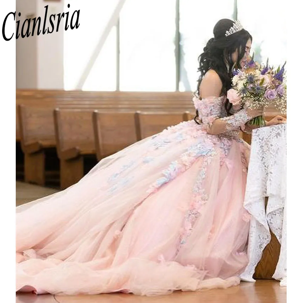 Hellrosa Quinceanera Kleid 2024 Schatz von Schulterspitzen Applikationen mit Blume süß 15 16 Jahre alte Geburtstagsfeierwettbewerb