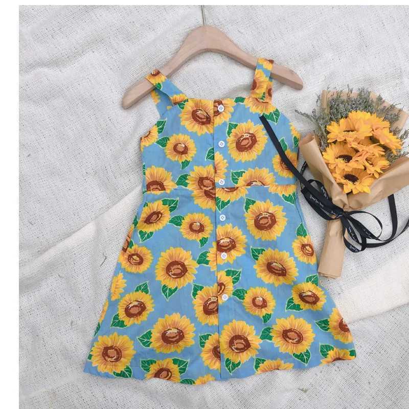 Flickans klänningar 2024 Summer Girls A-Line Dresses Sunflower Little Fresh Tank Top Thin Princess Dress Kids Outwear Clothing D240419