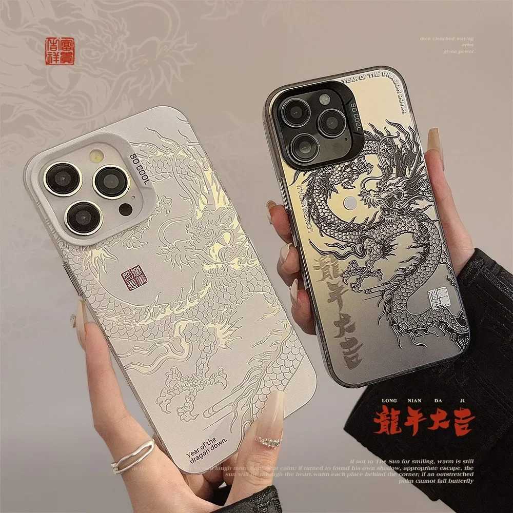 Mobiltelefonfodral Luxury Laser Eastern Myths Legends Chinese Dragon Phone Case för iPhone 11 12 13 14 Pro Max 15 Plus 3D Totem Anti-Drop Cover J240418