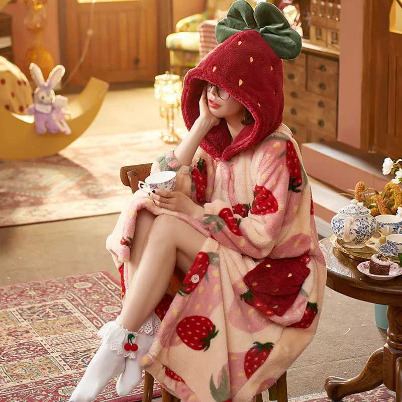 Dames Sleep Lounge 2023 Winterpyjama's voor vrouwen Cartoon Hapleed Long Robe jack schattig huis slijtage slaapkleding kawaii flanel warme comfortabele lounge badjrobe d240419