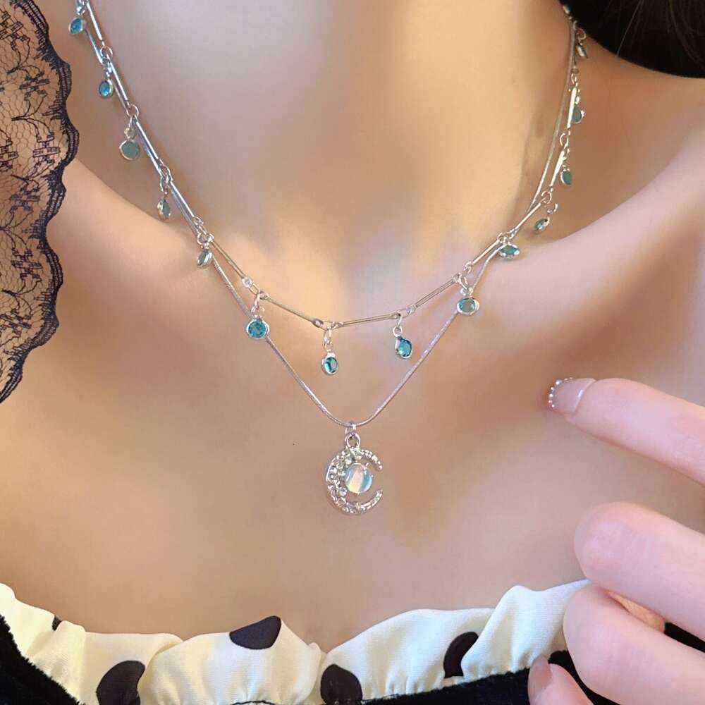 Moon Lady Blue Double Layered for Female Minority Sweet Temperament Versatile Collar Chain Necklace