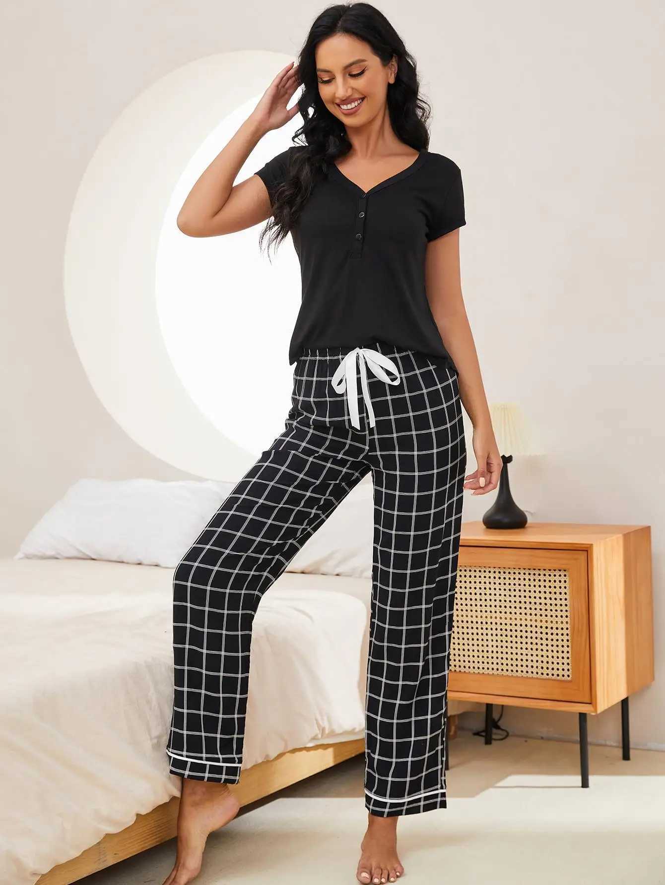 Sleep Lounge Womenge Womens Pyjama Set Sleents Sleepweves Sleepwear 2 pièces Softwewear Floral Prim Pjs Lounge Front Bouton Down Down With Pants D240419