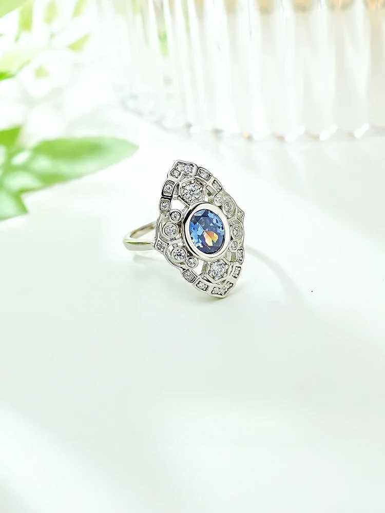 Wedding Rings 2024 NIEUWE HOLLOW OUT RETRO OVAL TANZANIA BLAUW 925 Sterling Silver Ring Set met hoge koolstof diamant micro -inleg niche bruiloft 240419