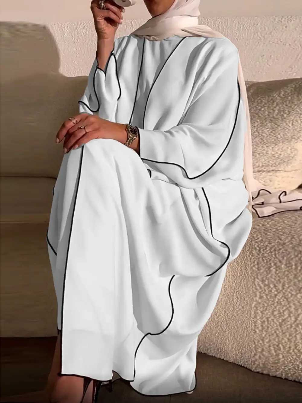 Vêtements ethniques Open Front Manches longues Abaya Robe de contraste élégant garniture maxi