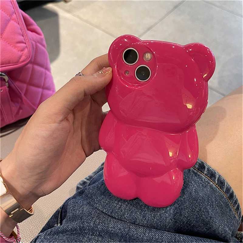 Mobiele telefoons Koreaanse schattige 3D cartoonbeer roze shell iPhone 15 14 12 11 Pro XS Max X XR Leuke dierenschokbestendige zachte achteromslag J240418