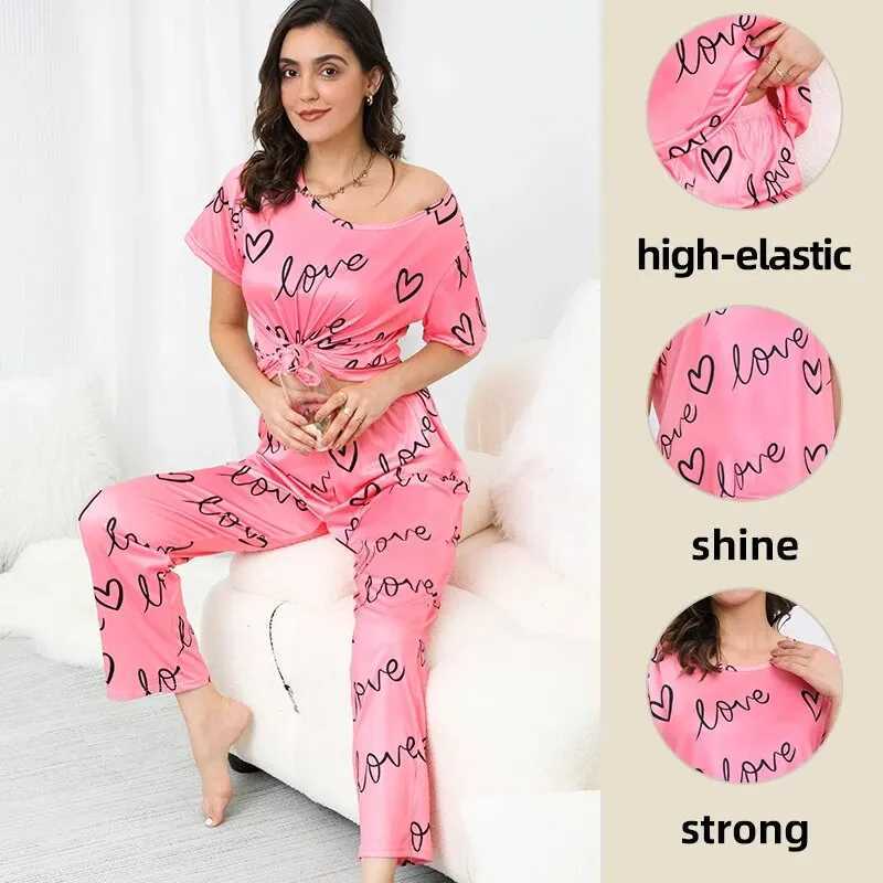 Dames Sleep Lounge Women Pyjamas Love Print Sleepwear nachtkleding Cathykezian Pink S M L korte mouwen broek Hartbrief afdrukken Fashion Soft D240419