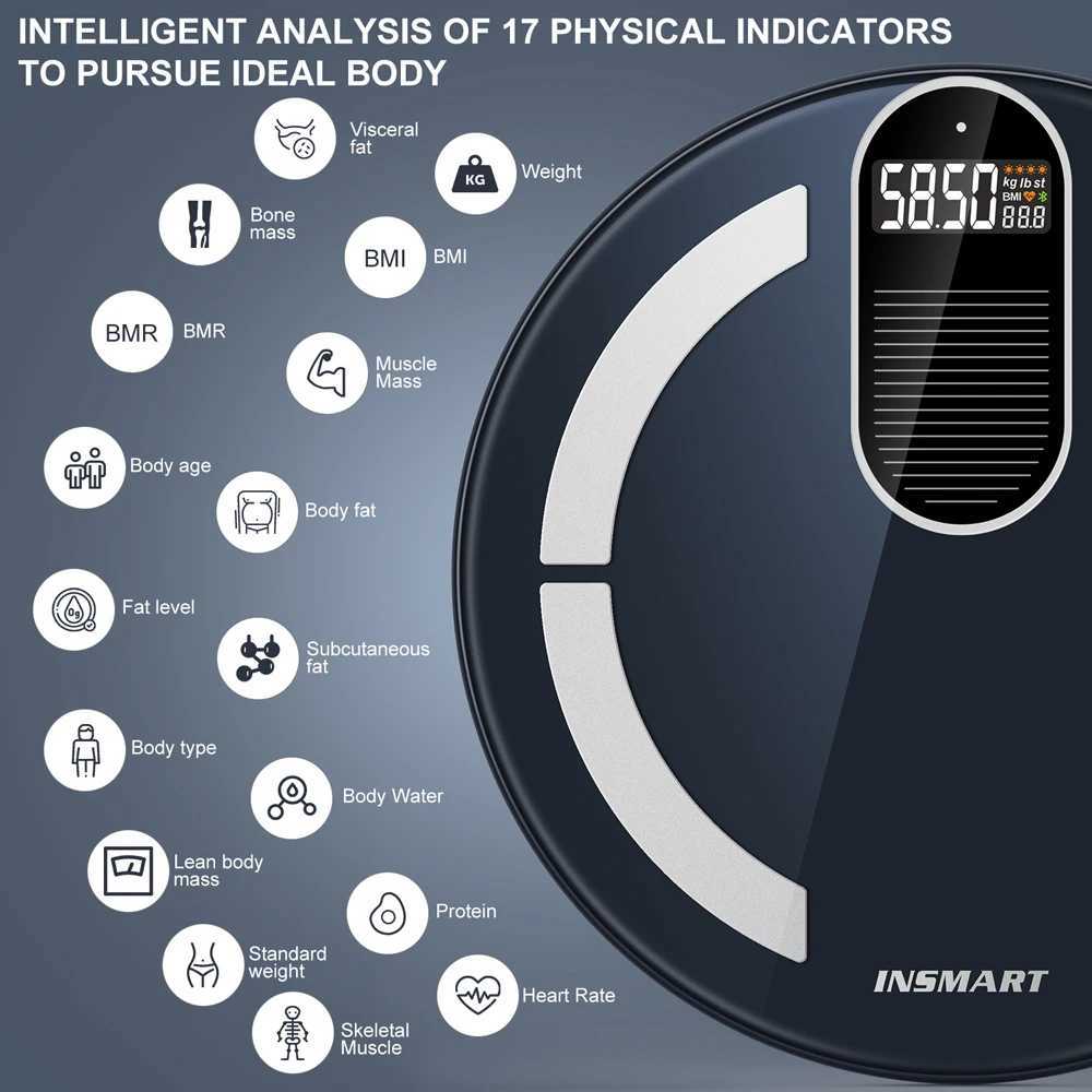 Échelles de poids corporel RXZP INSMART CORPS DUBOLLE ÉCHEUR DE PELEUR SOLAIRE Énergie de lumière solaire Charge Smart Balance BioImpédance Corps Fat Salle Salle de bain BMI 240419