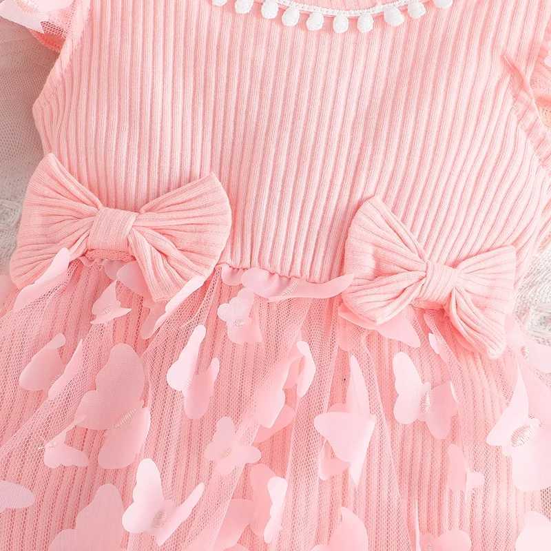 Vestido de vestidos de menina para crianças de 0 a 18 meses de aniversário de manga de borboleta rosa Tulle Princess Formal Dresses ootd para recém-nascido bebê menina d240423