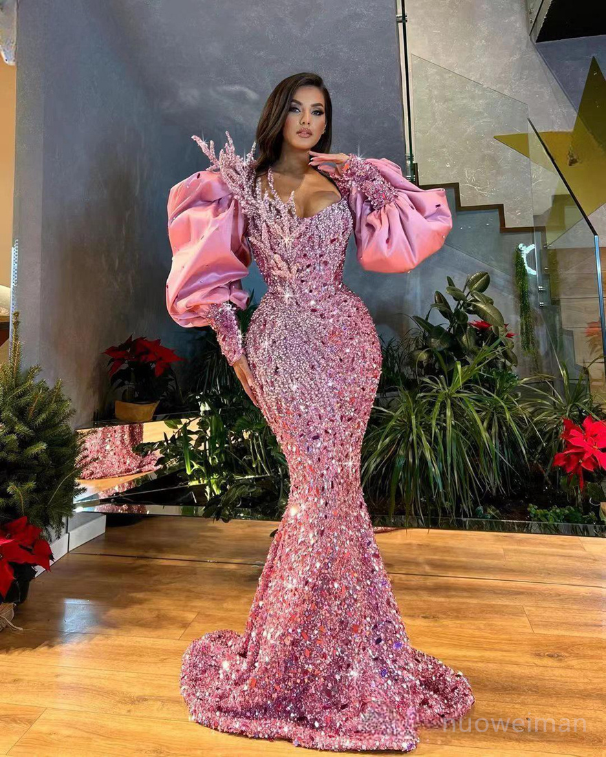 2024 Robes de bal rose taille plus taille pour femmes noires Illusion Sirène Soirée Robes formelles à manches longues Miroir Sequins Robe d'anniversaire en dentelle Deuxième robe de réception NL683