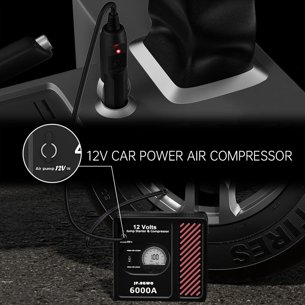 JFEGWO 3000A 6000A Professional Car Jump Starter Powerful Compressor 24000mAh 12V Car Battery Starter Booster Starting Device