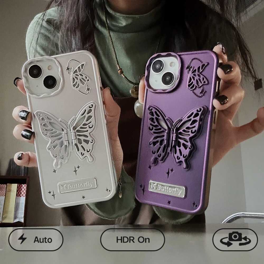 Casos de telefone celular Luxo 3D Galvanized Butterfly Stand Stand para iPhone 12 Pro 13 14 15 Pro Maximum Gradiente Silicone que absorve a capa traseira do telefone J240418