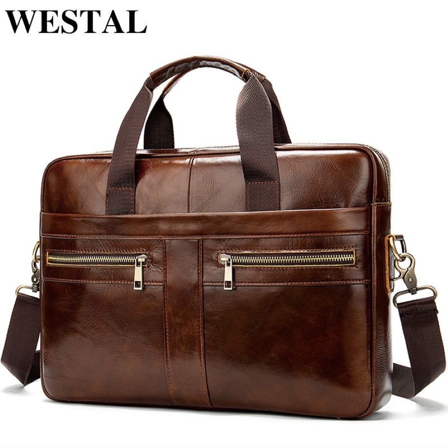 Westal Bag Herrens äkta läderportfölj Mannen man LAPTOP BAG Natural Leather for Men Messenger Bags Men's Briefs 2210e