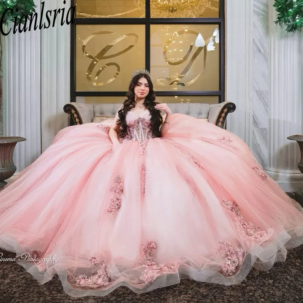 Pink Princess Fairy Quinceanera 드레스 스파게티 스트랩 3D 플로럴 아플리케 뼈 밴딩 멍청이 de 15 anos Quinceaneras 2024