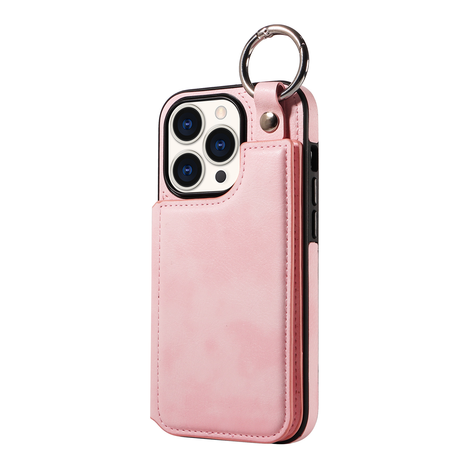 Litchi -patroon hangende ring, linker en rechter opening telefoon lederen hoes, kaartinvoegingsstandaard, anti -dropbescherming geschikt voor iPhone 15Pro iPhone 14