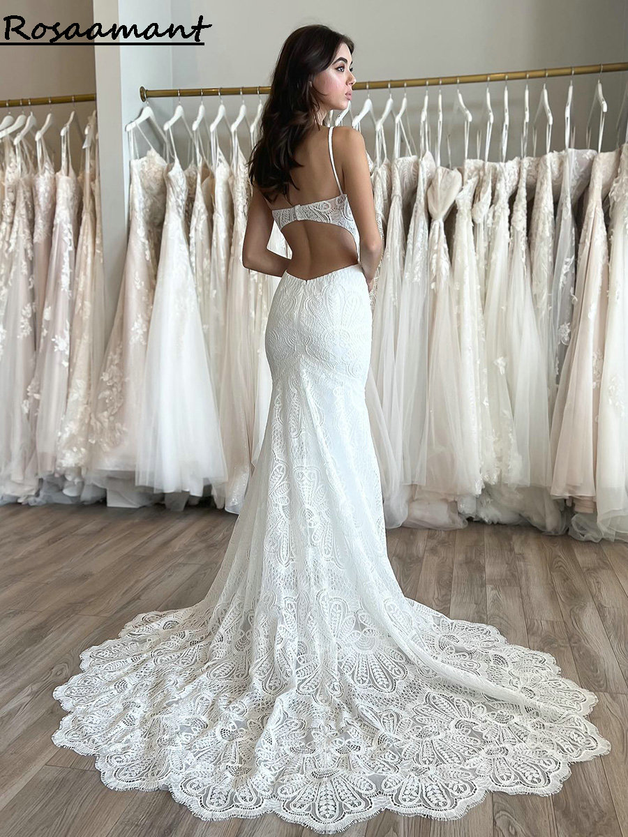 Bohemian Open Back Appliques in pizzo Abiti da sposa sirena Abiti spaghetti Abiti da sposa senza maniche