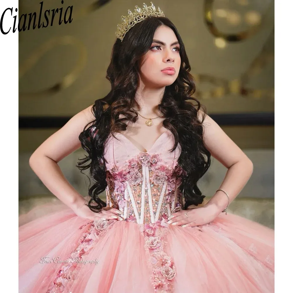 Pink Princess Fairy Quinceanera 드레스 스파게티 스트랩 3D 플로럴 아플리케 뼈 밴딩 멍청이 de 15 anos Quinceaneras 2024